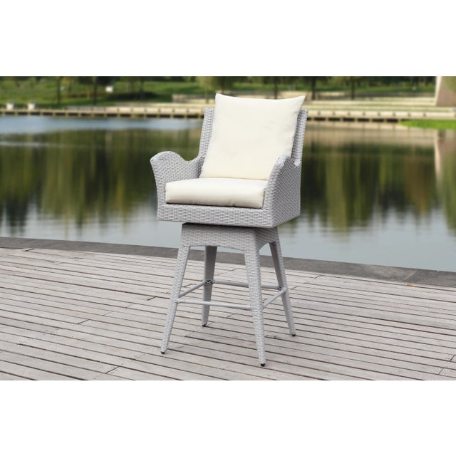 Modern Outdoor Wicker Swivel Armed Counter Stool in Grey & Beige For Sale - Image 3 of 5