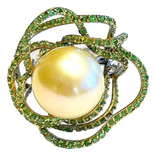 Bochic “Orient” Vintage South Sea Pearl & Emerald Ring Set 18K Gold & Silver For Sale