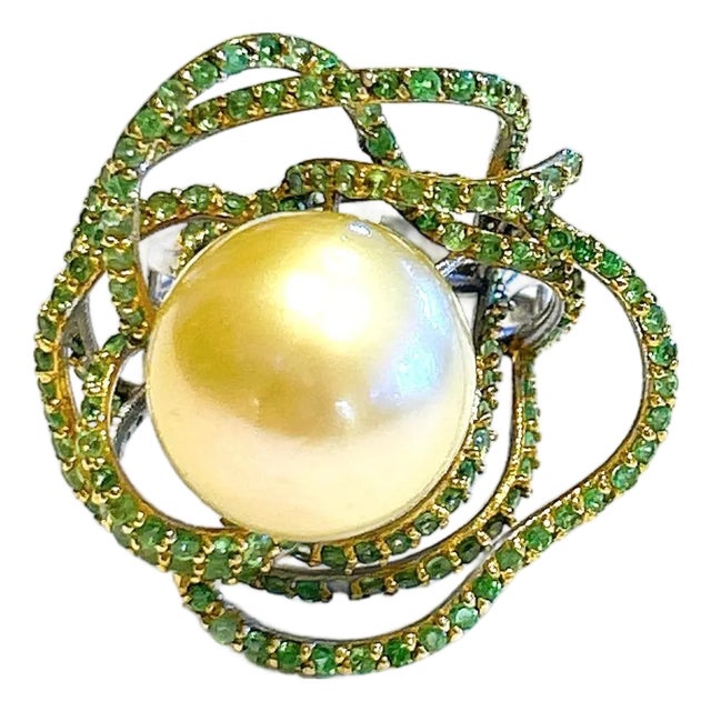 Bochic “Orient” Vintage South Sea Pearl & Emerald Ring Set 18K Gold & Silver For Sale
