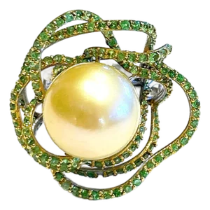 Bochic “Orient” Vintage South Sea Pearl & Emerald Ring Set 18K Gold & Silver