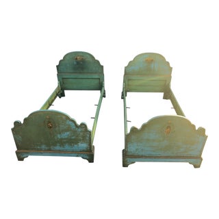 Antique French Hand-Painted Toile Twin Beds - a Pair For Sale
