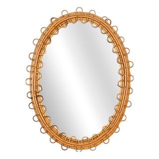 Vintage Oval Mirror in Curved Rattan and Bamboo by Franco Albini, Italy, 1960s For Sale