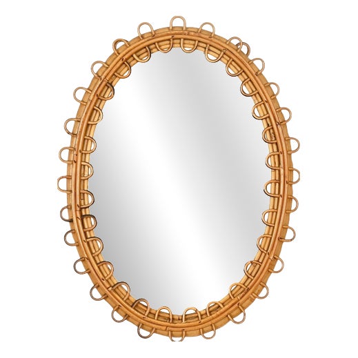 Vintage Oval Mirror in Curved Rattan and Bamboo by Franco Albini, Italy, 1960s For Sale