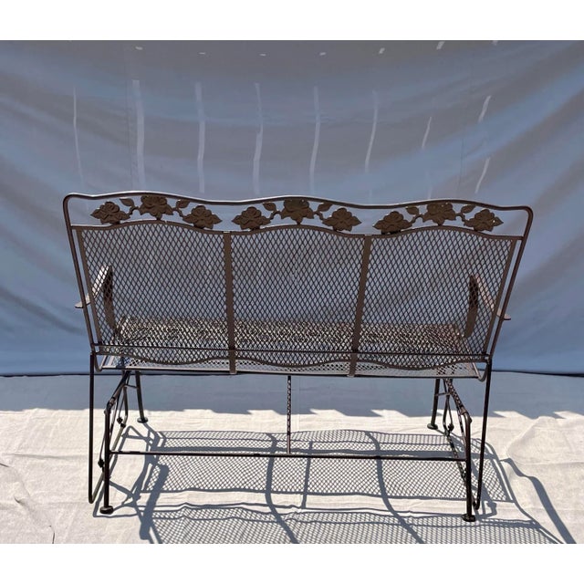 Chocolate Vintage 3 Seater Wrought Iron Garden Patio Bench Glider Couch Dogwood Rocker For Sale - Image 8 of 12