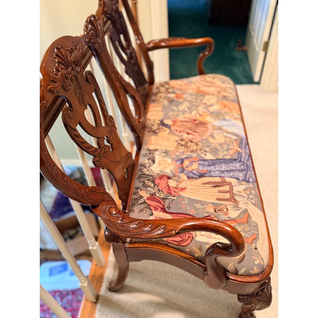 Brown Carved Settee With Needlepoint Seat For Sale - Image 8 of 11