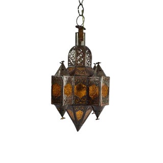Amber Glass & Metal Moroccan Pendant Lamp For Sale