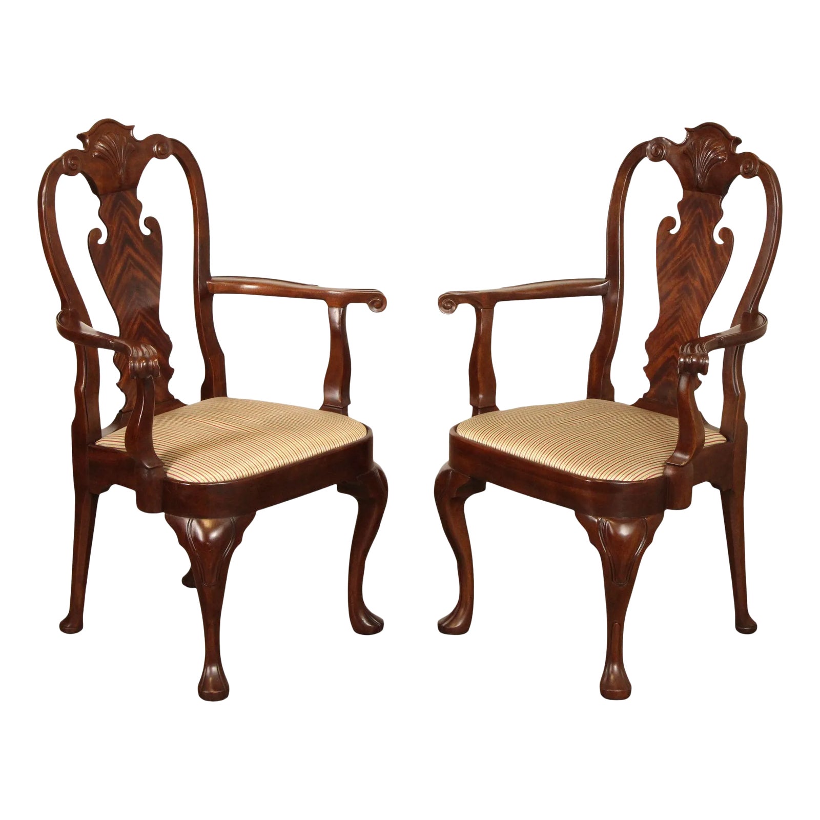 Queen Anne Style Pair of Carved Mahogany Armchairs | Chairish