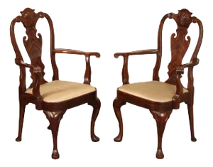 Queen Anne Style Pair of Carved Mahogany Armchairs