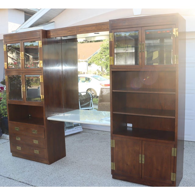 Campaign 1970s Campaign Vintage Henredon Oak Wall Unit With Marble Counter and Mirrored Cabinets For Sale - Image 3 of 17