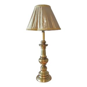 Mid 20th Century Large Brass Candlestick Lamp With Silk Pleated Shade