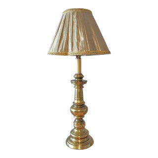 Vintage Large Brass Candlestick Lamp With Silk Pleated Shade For Sale