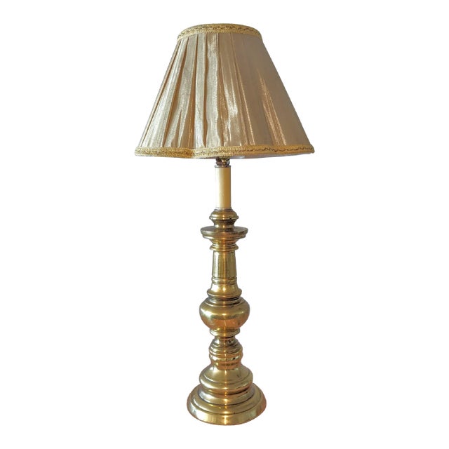 Vintage Large Brass Candlestick Lamp With Silk Pleated Shade For Sale