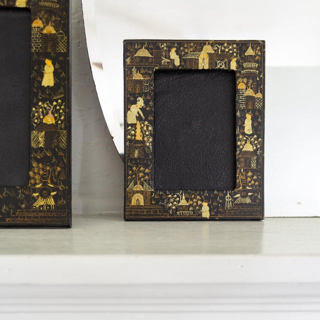 Chinoiserie Pair of Vintage Hand Painted Black Lacquered Chinoisere Picture Frames For Sale - Image 3 of 13