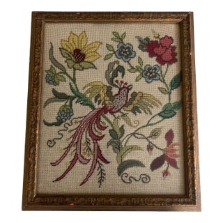 Antique Framed Needlepoint Canvas of Exotic Bird Textile Art For Sale