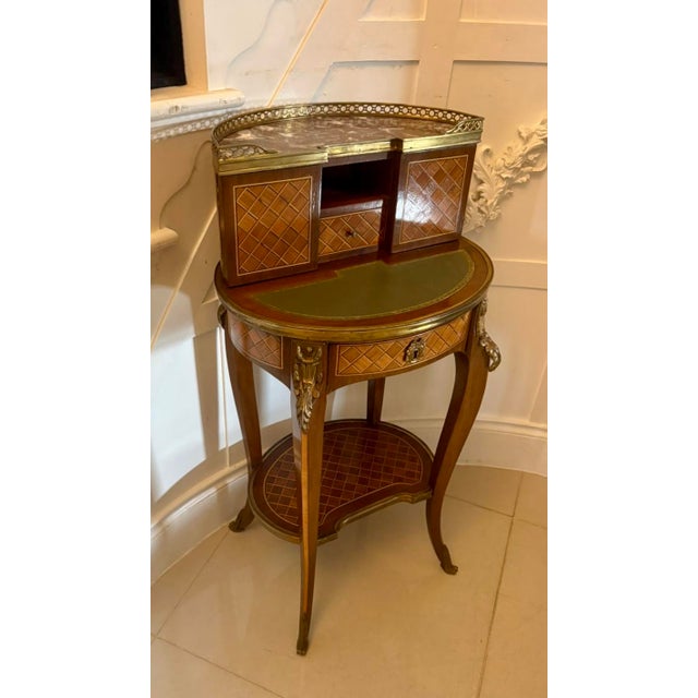 Antique French Kingwood Parquetry Freestanding Ormolu Ladys Writing Desk Bonheur Du Jour, 1880 For Sale - Image 9 of 16