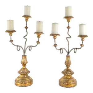 Pair of Italian Baroque Carved, Painted, and Gilt Candelabras, Italy Circa 1900 or Earlier