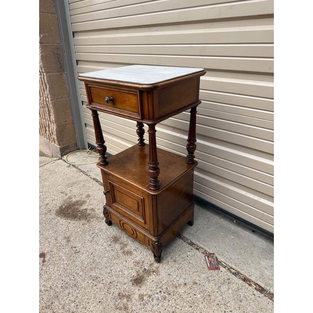 French Provincial 19th Century Antique French Provincial Style Walnut Marble Top Bedside Table. For Sale - Image 3 of 10