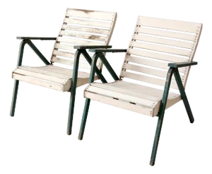 Vintage Slat Wood Folding Chairs Pair