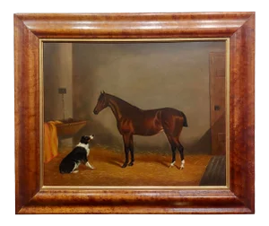 Edwin Loder -Horse & English Shepherd Dog in a Stable-1885 Oil Painting