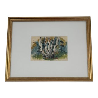 1970s Minnesota Artist Vi Olson Original Birch Tree Watercolor Landscape For Sale