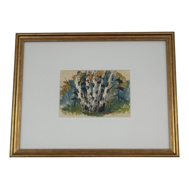 1970s Minnesota Artist Vi Olson Original Birch Tree Watercolor Landscape For Sale