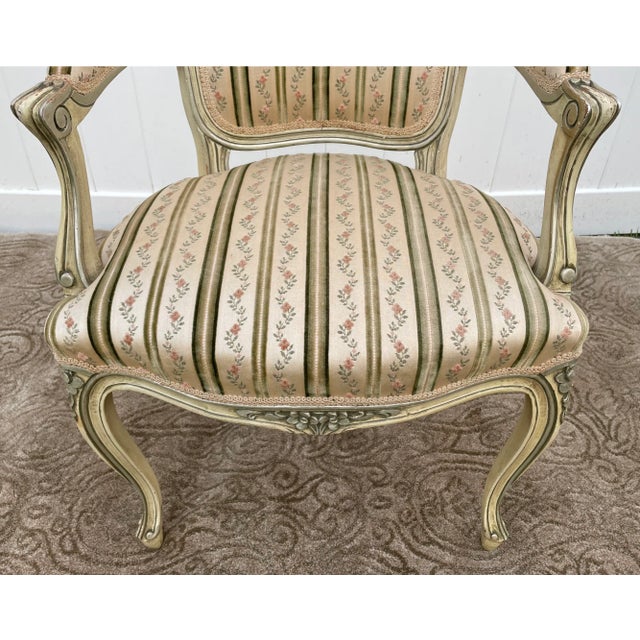 Painted Wood Arm Chair Vintage Venetian Style Carved Cream Green Floral Stripe For Sale In Philadelphia - Image 6 of 13
