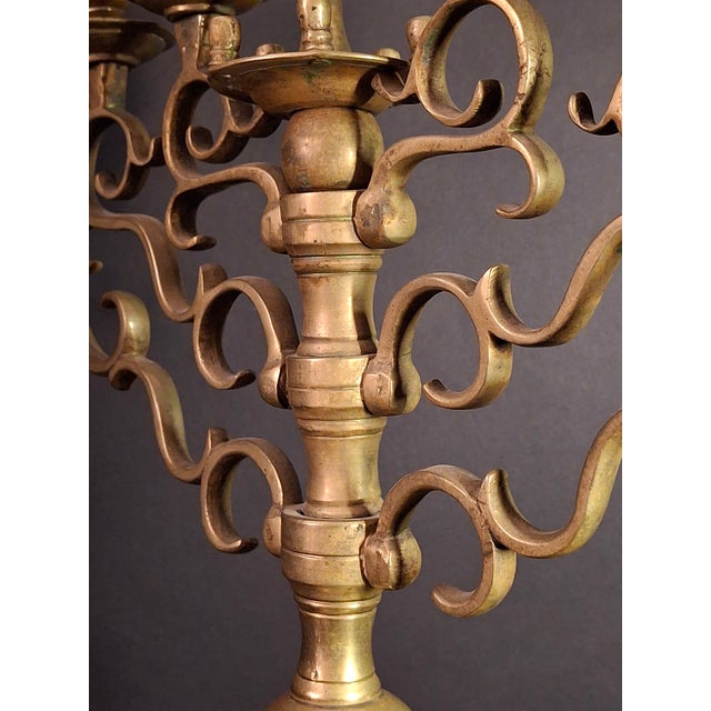 Rare 19thC Antique Polish Brass Menorah Large 22.7" 7 Branch Synagogue Knops For Sale - Image 14 of 18