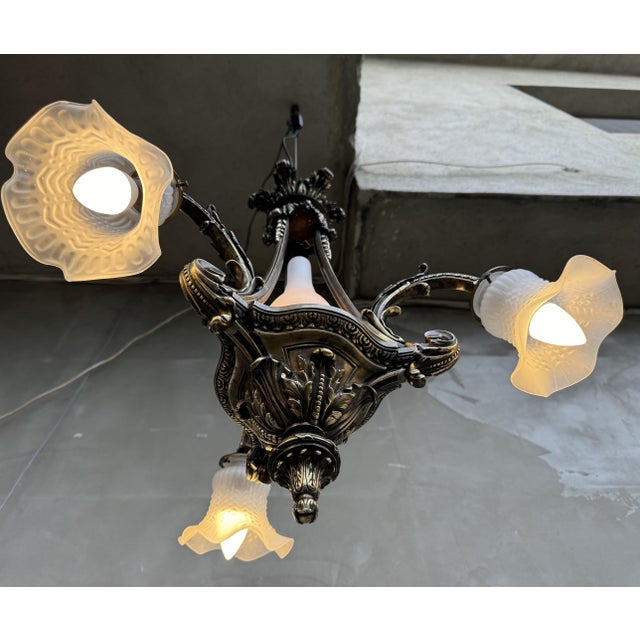 Vintage Bronze Pendant Light with Frosted Glass Shades, 1920s For Sale - Image 12 of 18