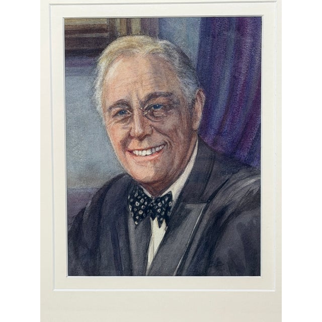 Notable Much Loved American President Franklin D. Roosevelt Signed Watercolour Portrait Painting Description Overview An...