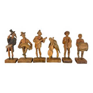 Vintage German Folk Art Hand Carved Wood Musician Sculptures - Set of 6 For Sale