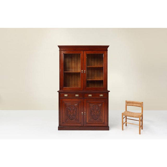 Art Nouveau Display Cabinet or Bookcase in Oak with Carvings and Glass Doors, 1890s For Sale - Image 6 of 17