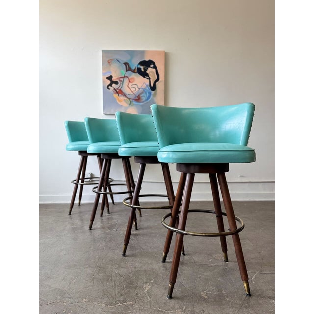 Vintage Pink Vinyl Bar & 4 Aqua Barstools Set For Sale - Image 16 of 18