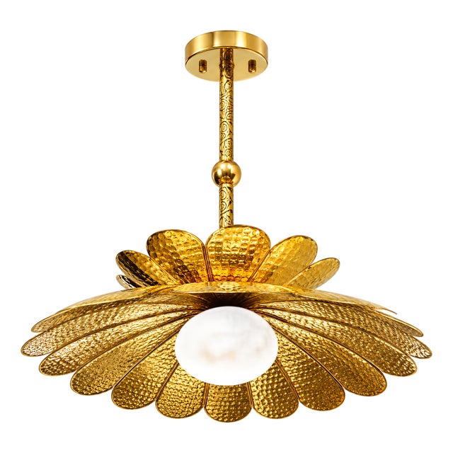 Handmade Brass Flower Chandelier, Hammered Lotus Ceiling Light, Floral Pendant Fixture, Art Deco Lighting for Living Room and Bedroom For Sale