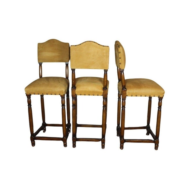 Vintage Suede Barstools With Nail Head Detail - Set of 3 For Sale - Image 4 of 9