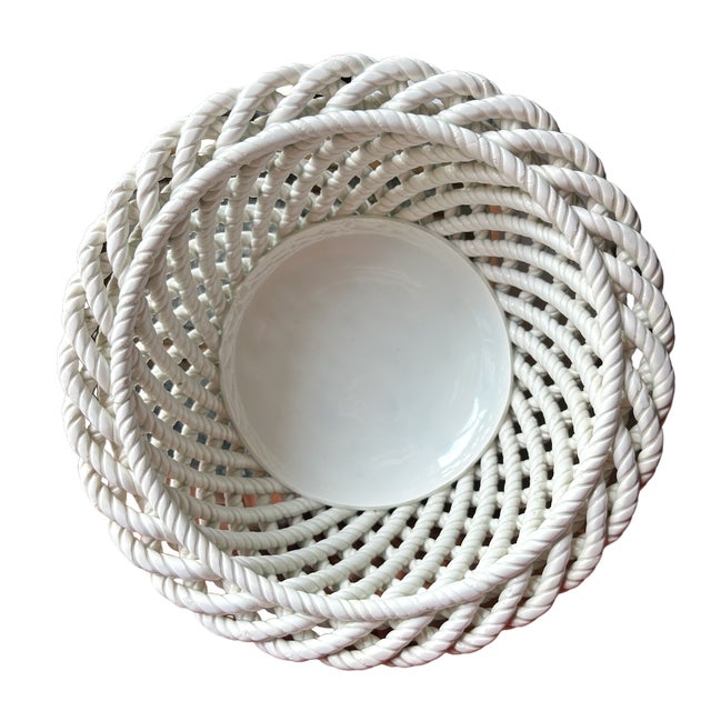 Traditional 1950s Spanish White Ceramic Compote Tazza With Rope Trellis Basketweave Design For Sale - Image 3 of 8