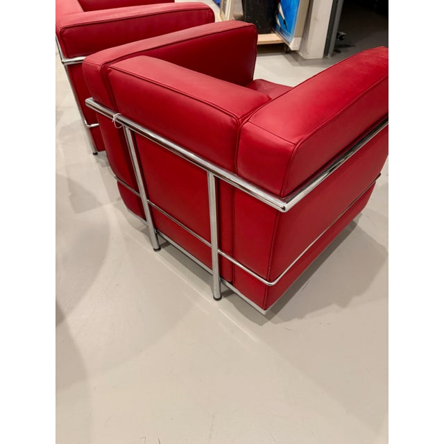 Pair Of. Chrome and Red Leather Club Chair in the Style of Le Corbusier For Sale - Image 10 of 13
