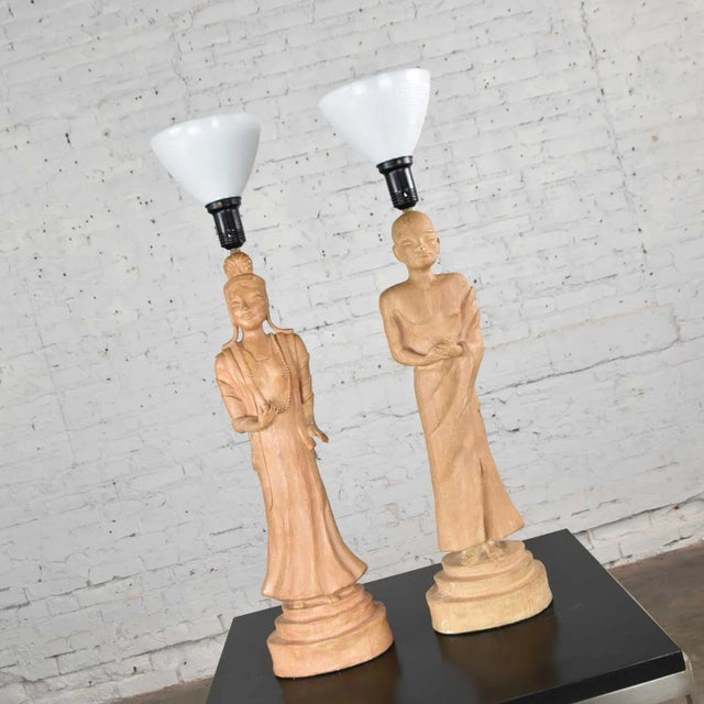 Mid 20th Century Vintage Hollywood Regency Asian Figural Lamps Style of James Mont W/ Black Tapered Shades - a Pair For Sale - Image 5 of 13
