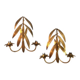 Vintage Hans Kogl Gilt Tole / Gold Palm Beach Regency Palm Leaf / Frond Candle Sconces, a Pair For Sale