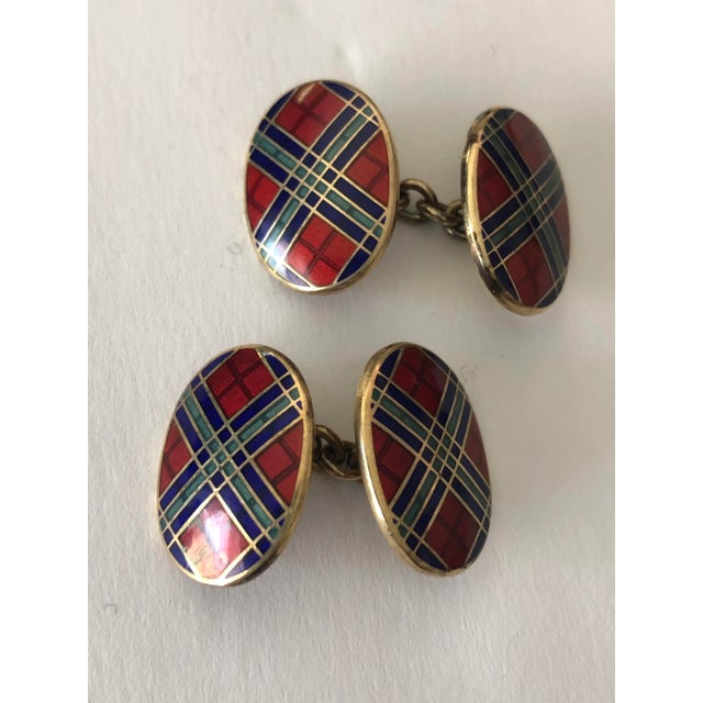 Scottish Plaid Enamel and Vermeil Sterling Neiman Marcus Cufflinks From England - 2 Pieces For Sale - Image 4 of 11
