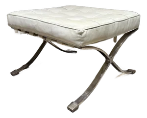 Mid-Century Barcelona Foot Stool White Leather & Chrome Style Mies Van Der Rohe