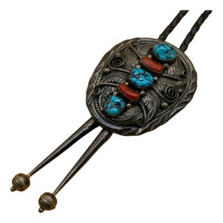 Vintage Sterling Silver Turquoise and Coral Bolo Tie For Sale