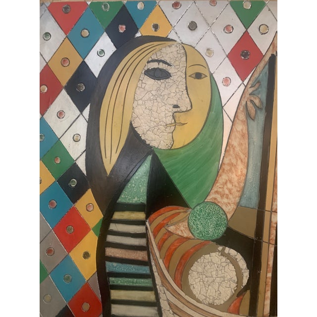 Large Mid Century Modern Studio Abstract Acrylic Mixed-Media Painting Picasso Inspired Original Decorative Artwork Handcrafted Girl Before a Mirror For Sale - Image 4 of 14