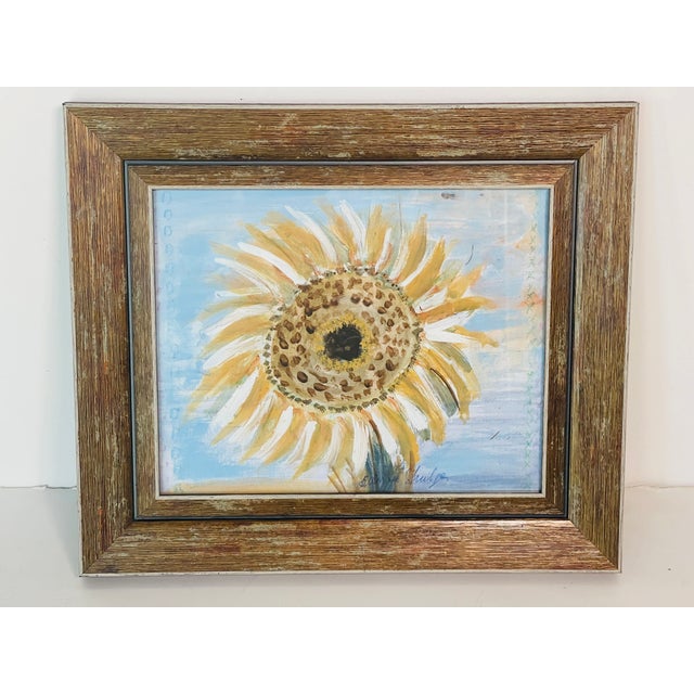 Abstract 1970s Abstract Sunflower Painting Artist Signed in Dark Rustic Frame For Sale - Image 3 of 4