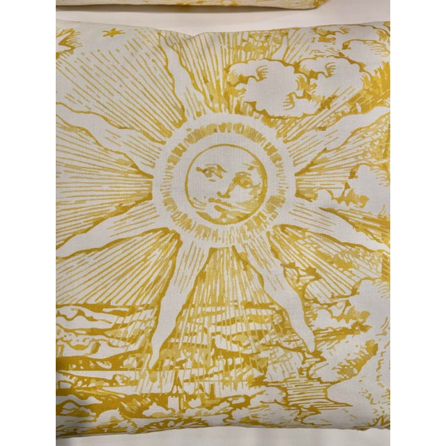 Textile Contemporary Custom Schumacher “Modern Toile” Yellow 18” Pillows With Down Inserts - A Pair For Sale - Image 7 of 10