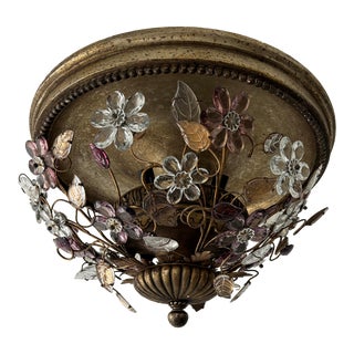 Maison Bagues Style Amethyst Flowers Leaves Flush Mount Chandelier Rare Giltwood For Sale
