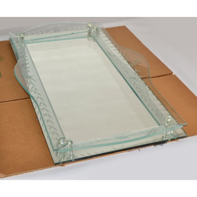 1930s 1930 Art Deco Venetian Etched Mirror Tray Serving Platter Glass Ball Decor Italy For Sale - Image 5 of 17