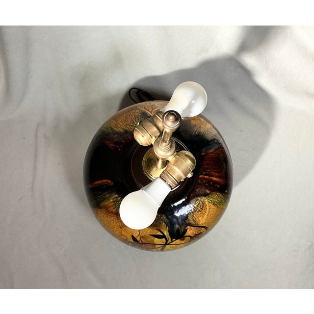 Mid 20th Century Vintage Mid Century Modern Pottery Table Lamp Drip Glaze Silver Overlay Gazelle Ram For Sale - Image 5 of 12