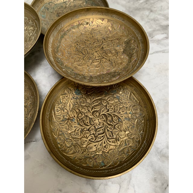 Metal Vintage Etched Bohemian Brass Spice Trays or Coasters, Set of Six For Sale - Image 7 of 8