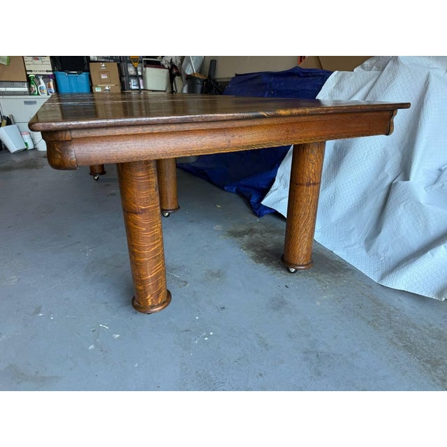 Antique Victorian Style Tiger Oak Table, Square Dining Table With Leaves on Casters For Sale - Image 9 of 17