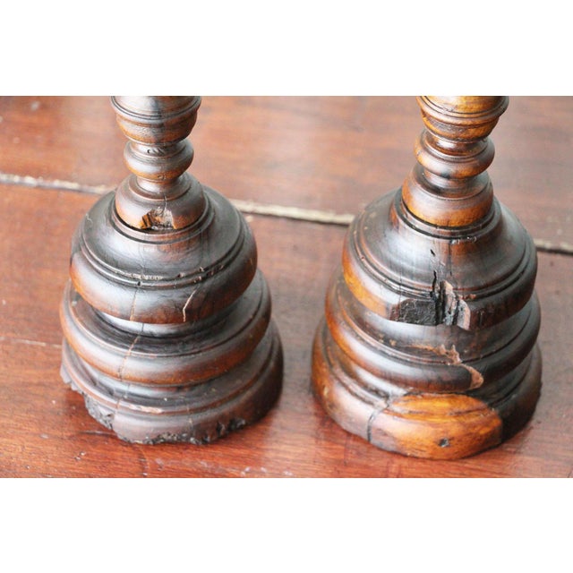 17th/18th Century Portuguese Carved and Turned Wood Candlesticks - a Pair For Sale - Image 12 of 13